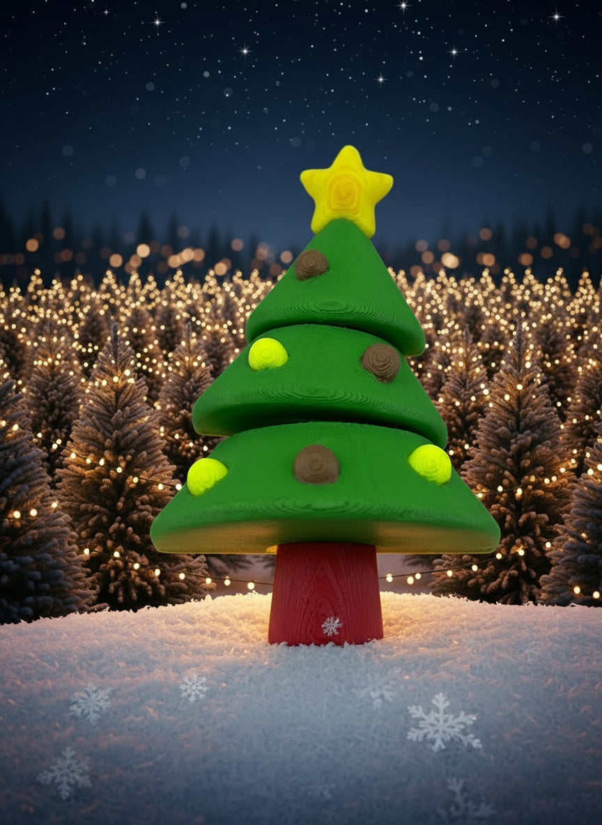 Toy Christmas tree with a red base on a white background