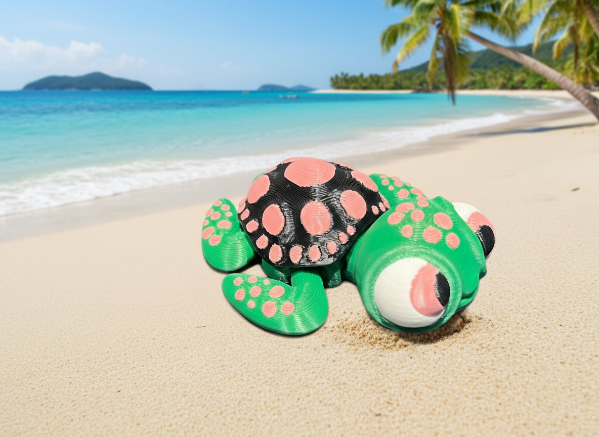Small turtle figurine with pink and green details on a gray surface