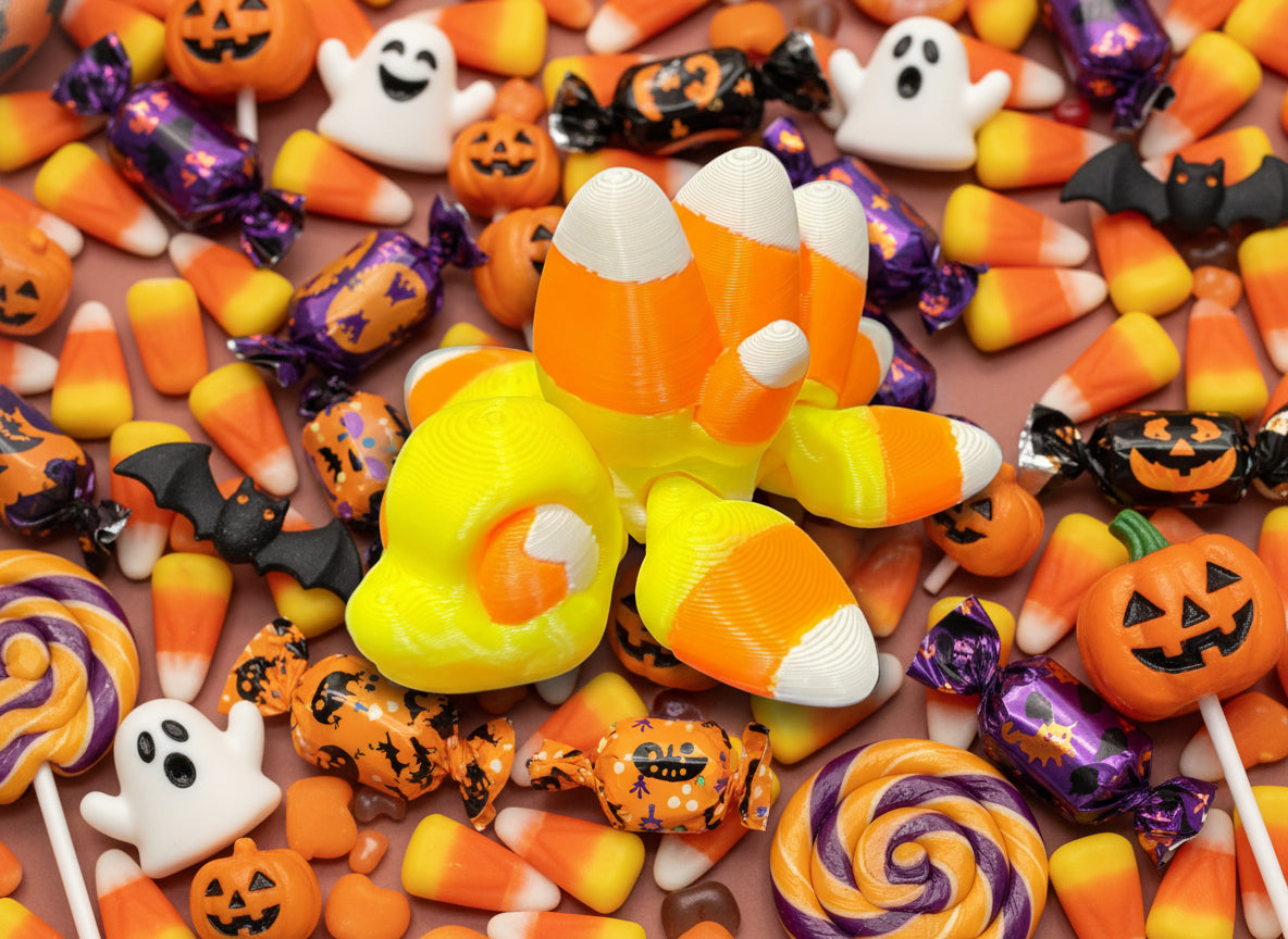 Two small figurines resembling candy corn on a gray surface.