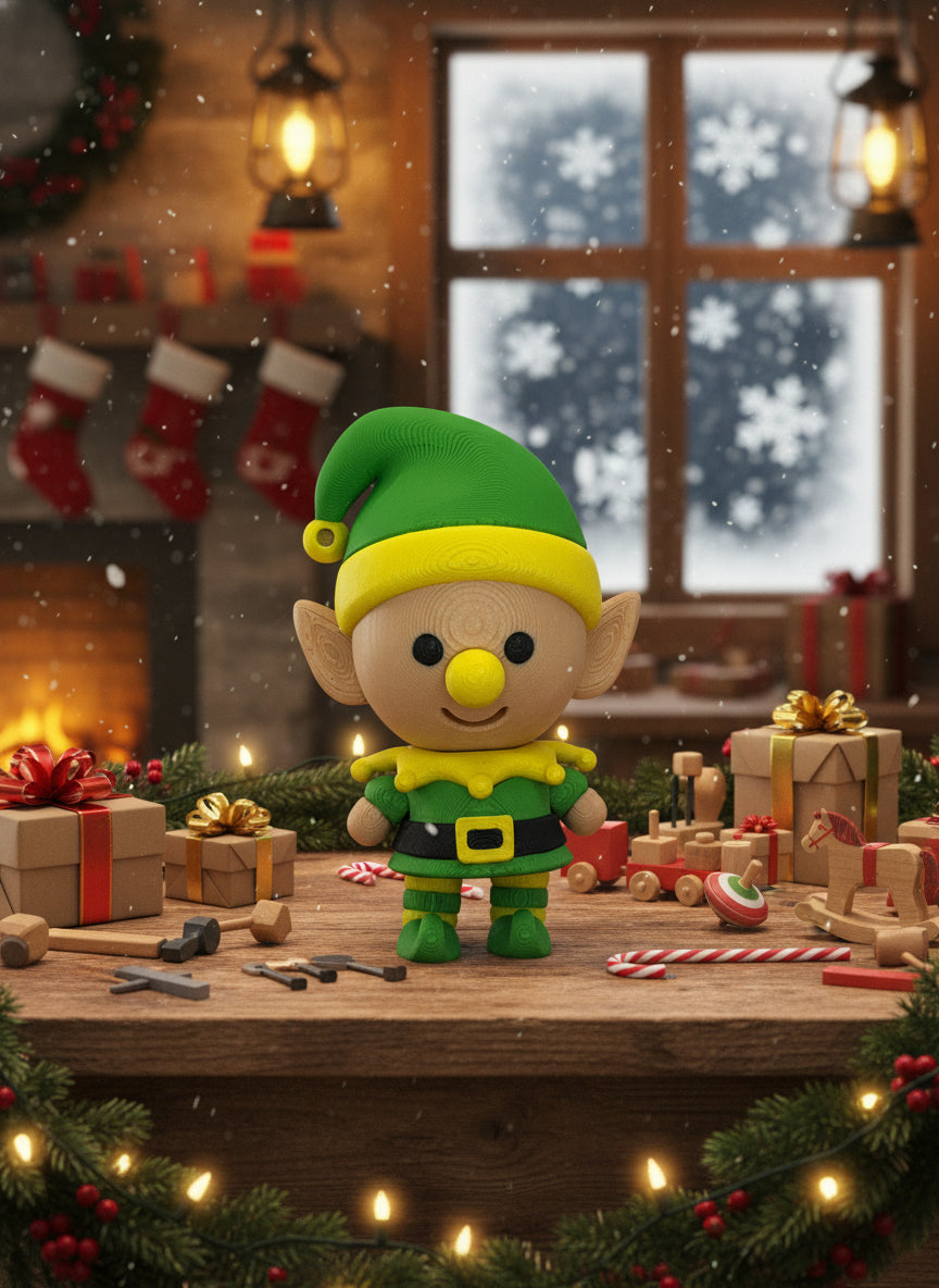 Toy figure of a character with green hat and yellow scarf on a white background