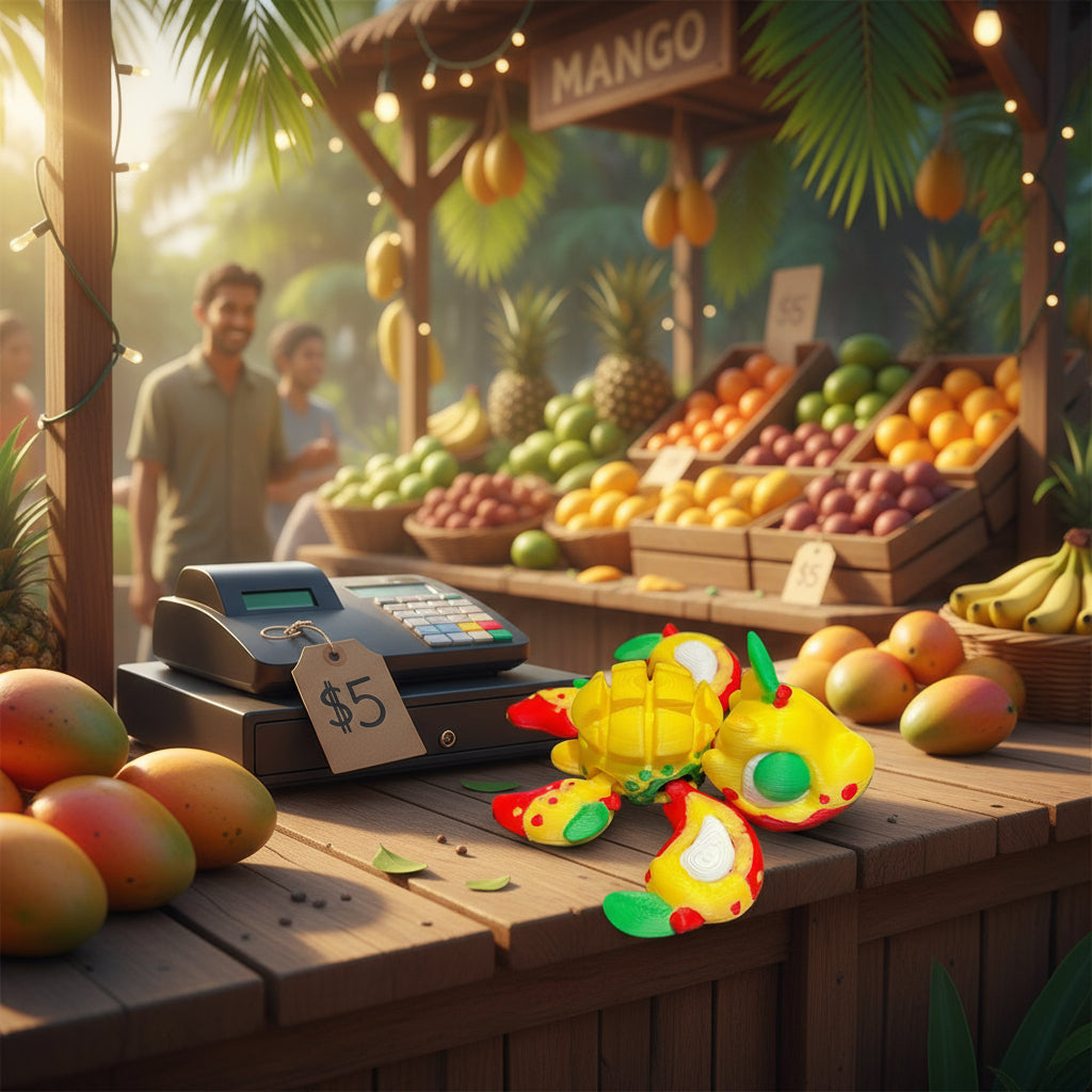 Colorful toy turtle figurines on a textured gray surface