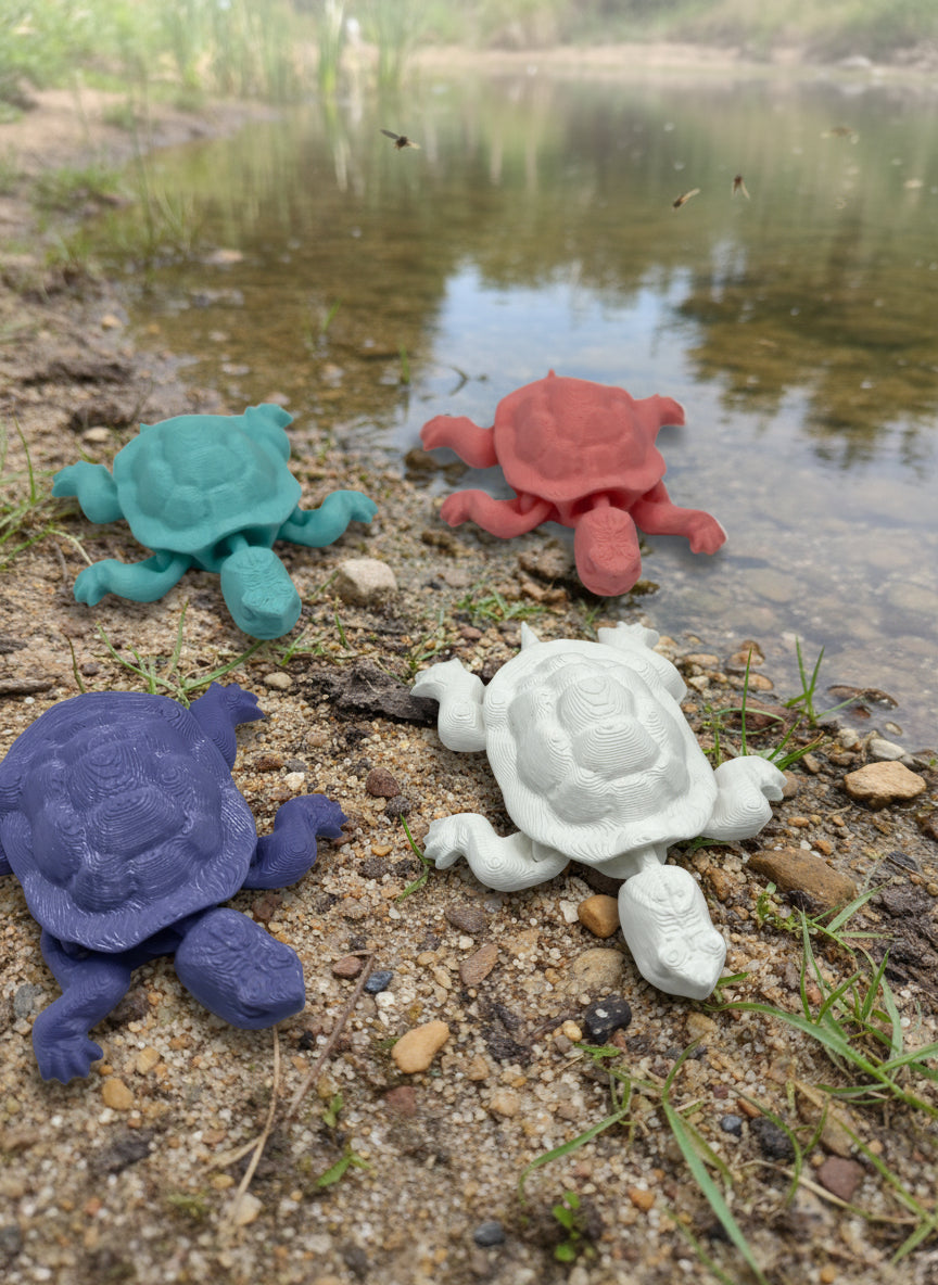Four turtle-shaped objects in pink, white, blue, and purple on a light gray background.